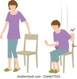 A senior woman whose lower back and back hurt the moment she sits down on a chair