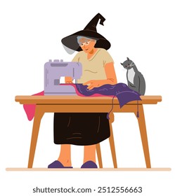 Senior woman in witch hat sewing Halloween costume on sewing machine flat vector illustration isolated on white. 