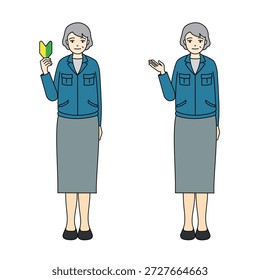 Senior woman in work jacket with beginner mark and guiding pose with skirt