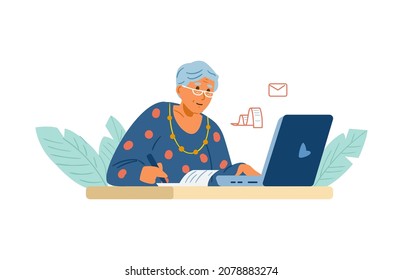 Senior woman working on laptop paying bills online, managing business remotely. Flat vector illustration. Isolated on white.