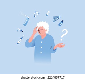 Senior Woman Worried About Taking Medicine Pills. Cartoon People Vector Illustration