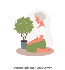 Senior woman in yoga meditation, old person training, elderly lady sitting to meditate