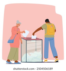 Senior Woman And Young Man Characters Casting Their Ballots Into Voting Box At A Polling Station, Represent Civic Duty, Democracy, And Electoral Process, Highlighting The Act Of Voting In An Election