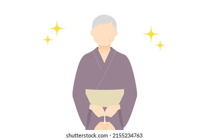 Senior Woman in yukata, Drawstring with hands together, with glitter.