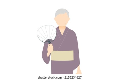 Senior Woman in yukata, Fanning the fan, image of cooler temperatures.