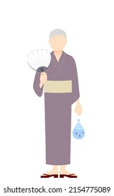 Senior Woman in yukata, Image of a summer festival, with uchiwa and goldfish.