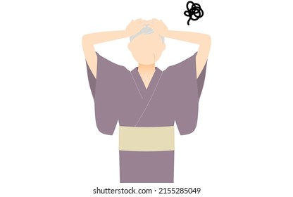 Senior Woman in yukata, Worry with your head