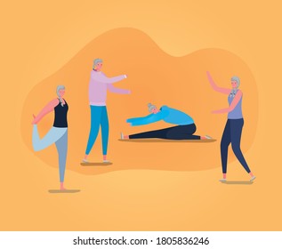 Senior women cartoons with sportswear doing yoga and stretching design, Outdoor activity theme Vector illustration