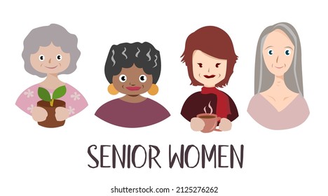 Senior women. Different style. Hand drawn Vector illustration. Cartoon style isolated on white background.