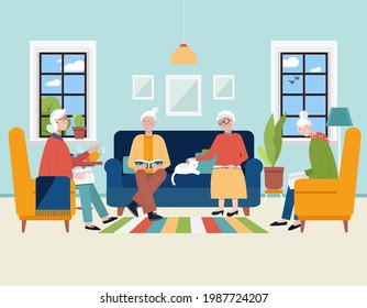 Senior Women Discussing And Reading Book At Home. Book Club For Elder People, Active Social Lifestyle, Education And Communication For Seniors Concept. Literature Fans. Flat Vector Illustration