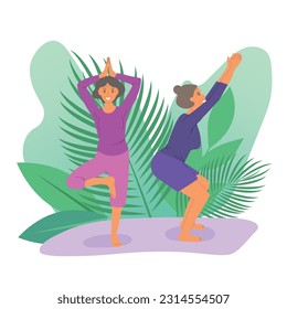 Senior women doing yoga. Old women makes morning yoga or breathing exercises. Isolated vector illustration. Mental health concept