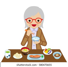 Senior Women eating Japanese breakfast