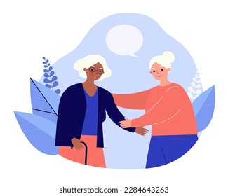 Senior women helping each other vector illustration. Elderly friends hugging, supporting each other. Friendship, love, healthy relationship, equality, community concept