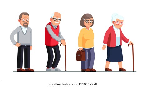 Mujeres y hombres mayores parados y caminando con palos. Personas mayores dibujan personajes. La vejez. Ilustración vectorial de estilo plano aislada en fondo blanco