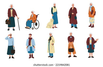 Senior women. Old mature female characters cartoon style, elderly grandma portraits wearing fashionable casual clothing, positive retired ladies. Vector set. Trendy modern pensioners