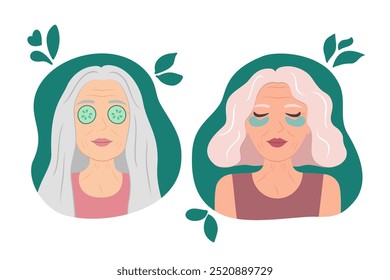 Senior Women Relaxing with Skincare Treatments – Cucumber and Eye Patches, Vector illustration