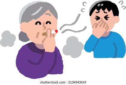 Senior women smoking cigarettes and men wanting to smoke