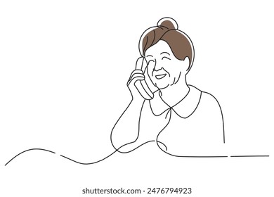 Seniorinnen, die unter Telefonbetrug leiden, Doodle Continuous Line Art Vektorillustration