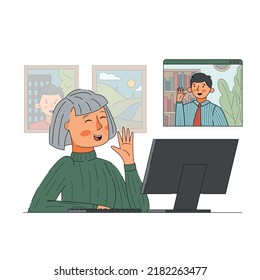 senior women talking online to son on computer