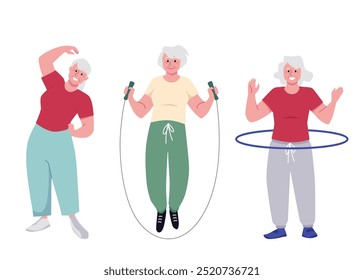 Senior women training with hoop and jump rope. Active retired character doing gymnastics exercises. Cartoon elderly grandmother perform fitness practice. Healthy sport lifestyle vector set