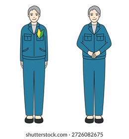 Senior Worker mit Anfängermarke und höflicher Handgeste