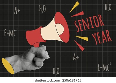 Senior Year horizontal banner template design. Trendy Halftone effect hand collage with flat megaphone. Last first day of school vector illustration. EPS 10