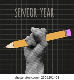 Senior Year poster template design. Last first day of school art in trendy Halftone collage style. Nostalgia vector aesthetic can used card cover print.