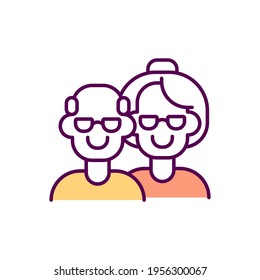 Senior years RGB color icon. Elderly people. Human life cycle. Older adults. Physical, mental changes. Chronological age. Practicing healthy lifestyle. Middle adulthood. Isolated vector illustration