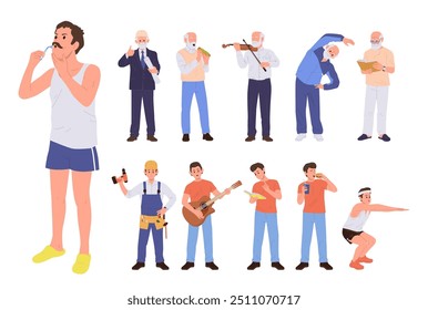Senior and young adult man cartoon characters daily routine, everyday lifestyle and hobby activity