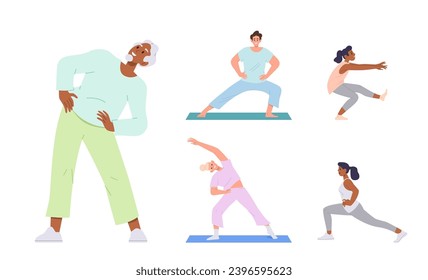 Senior and young people cartoon characters set enjoying yoga practice, stretching training exercise