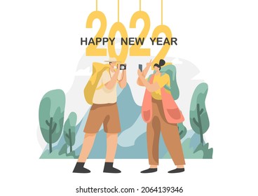 Senior And Young Tourists Travel People And Couples With Luggage, View Map, Selfie, Take Pictures Of Tourist Attractions With Guide Characters On Field Trip Cartoon Vector Illustration.