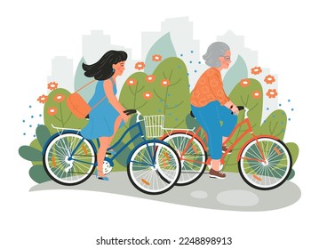 Senior and young women on bikes. Happy women cycling together in the city park. Vector illustration.