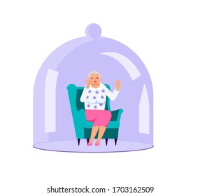 Seniora sits in chair and reads a book Under Glass Cover. Old woman closed from Coronavirus with transparent glass semi-sphere during Self isolation period or quarantine. Flat Art Vector Illustration