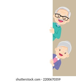 senior,elderly couple peeking behind white board