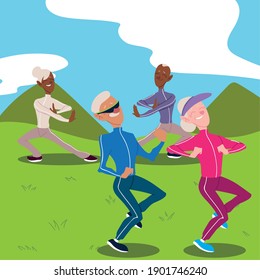 Senioren aktiv, ältere Paare, die Yoga praktizieren und Vektorgrafik-Vektorgrafik