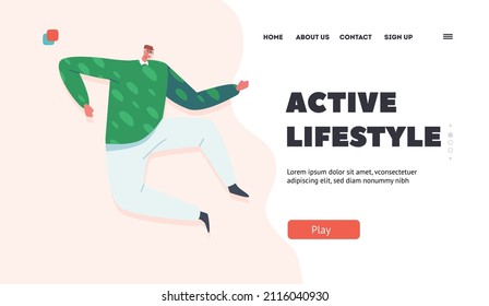 Seniors Active Lifestyle Landing Page Template. Adult Bearded Man in Casual Clothes Jumping. Happy Old Male Character Wearing Green Sweater Rejoice and Fun. Cartoon People Vector Illustration