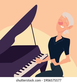 Seniors Active, Old Woman Playing Piano Vector Illustration