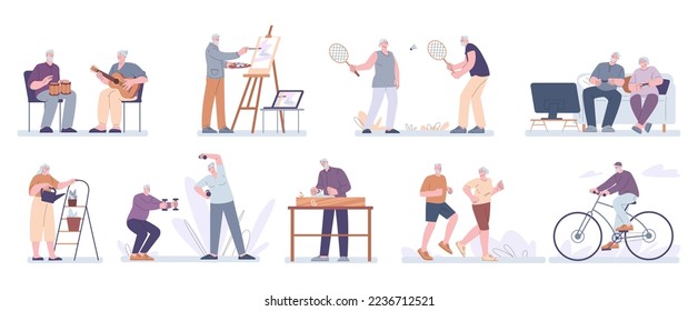 Seniors activities at home and outdoor. Old man cycling, retirement hobby and creative art. Grandparent modern hobbies, workout kicky vector characters