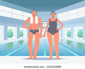 Las personas mayores se encuentran en el fondo de la piscina. Feliz pareja de nadadores ancianos a toda distancia. Esparcimiento activo en la vejez. Ilustración vectorial en estilo plano