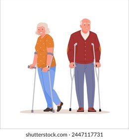 Seniors with assistive devices. Illustration in flat cartoon style of an elderly smiling man and woman in casual clothes  standing leaning on crutches. Isolated on white