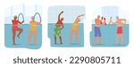 Seniors Characters Enjoying Refreshing And Invigorating Aqua Aerobics Class, Splashing In Water While Following The Instructor