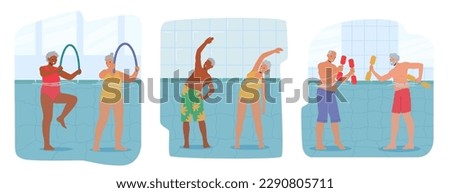 Seniors Characters Enjoying Refreshing And Invigorating Aqua Aerobics Class, Splashing In Water While Following The Instructor's Lead. Exercises Improving Health. Cartoon People Vector Illustration