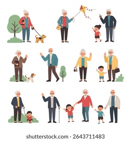 Seniors with children and dogs in park