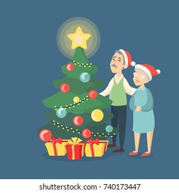 Seniors with christmas tree, gift boxes and with bright star.