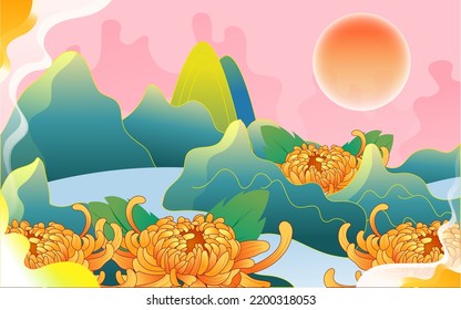 Seniors climbing mountains on Double Ninth Festival with chrysanthemums and mountains in the background, vector illustration