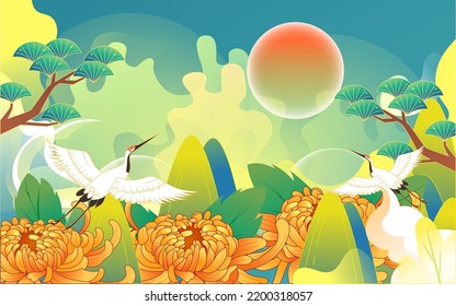 Seniors climbing mountains on Double Ninth Festival with chrysanthemums and mountains in the background, vector illustration