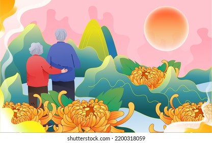 Seniors climbing mountains on Double Ninth Festival with chrysanthemums and mountains in the background, vector illustration
