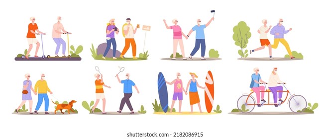 Seniors Couple Activities. Old People Active Lifestyle Happy Grandparents Travel Activity Elderly Walking Dog Cycling Retirement Older Sport Exercise, Vector Illustration Of Elderly Retirement