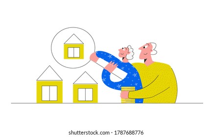 Seniors couple buying a home. Elderly man and woman are choosing a house. Investing money in real estate. Flat vector cartoon illustration isolated on white background 