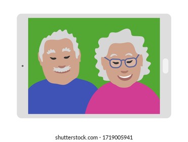 Seniors couple on a generic tablet screen. Boomer Generation people in a video call. Grandma and Grandpa smiling. Flat vector illustration.